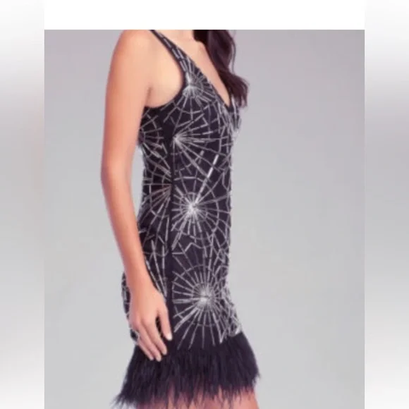 bebe black feather dress Beaded Gown Black main image 1